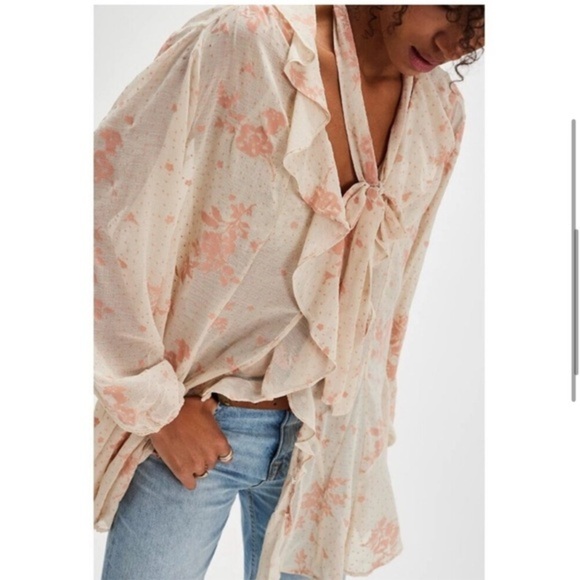 Free People Dreamland cream peach pink Floral button down sheer top size Small - Picture 3 of 5